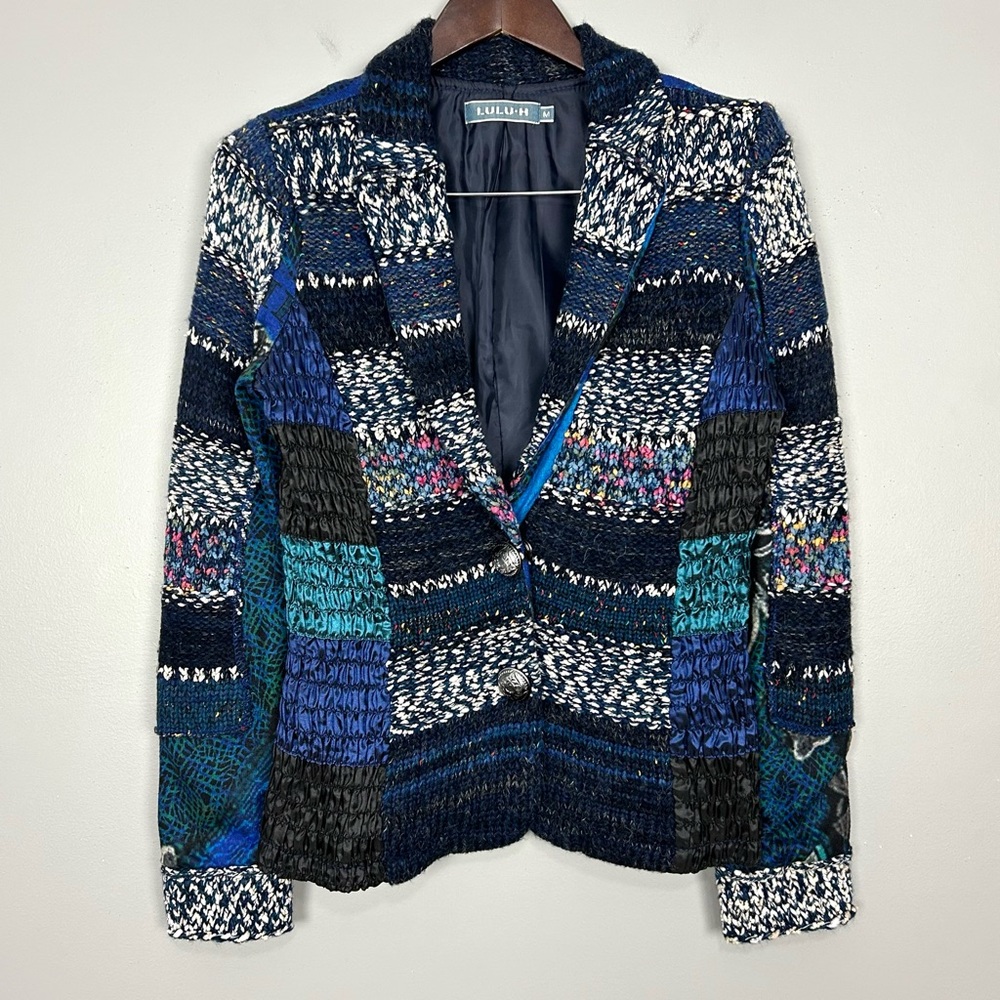 LULU-H Patchwork Wool Jacket Women’s Size M Crested Buttons Boho Art to Wear